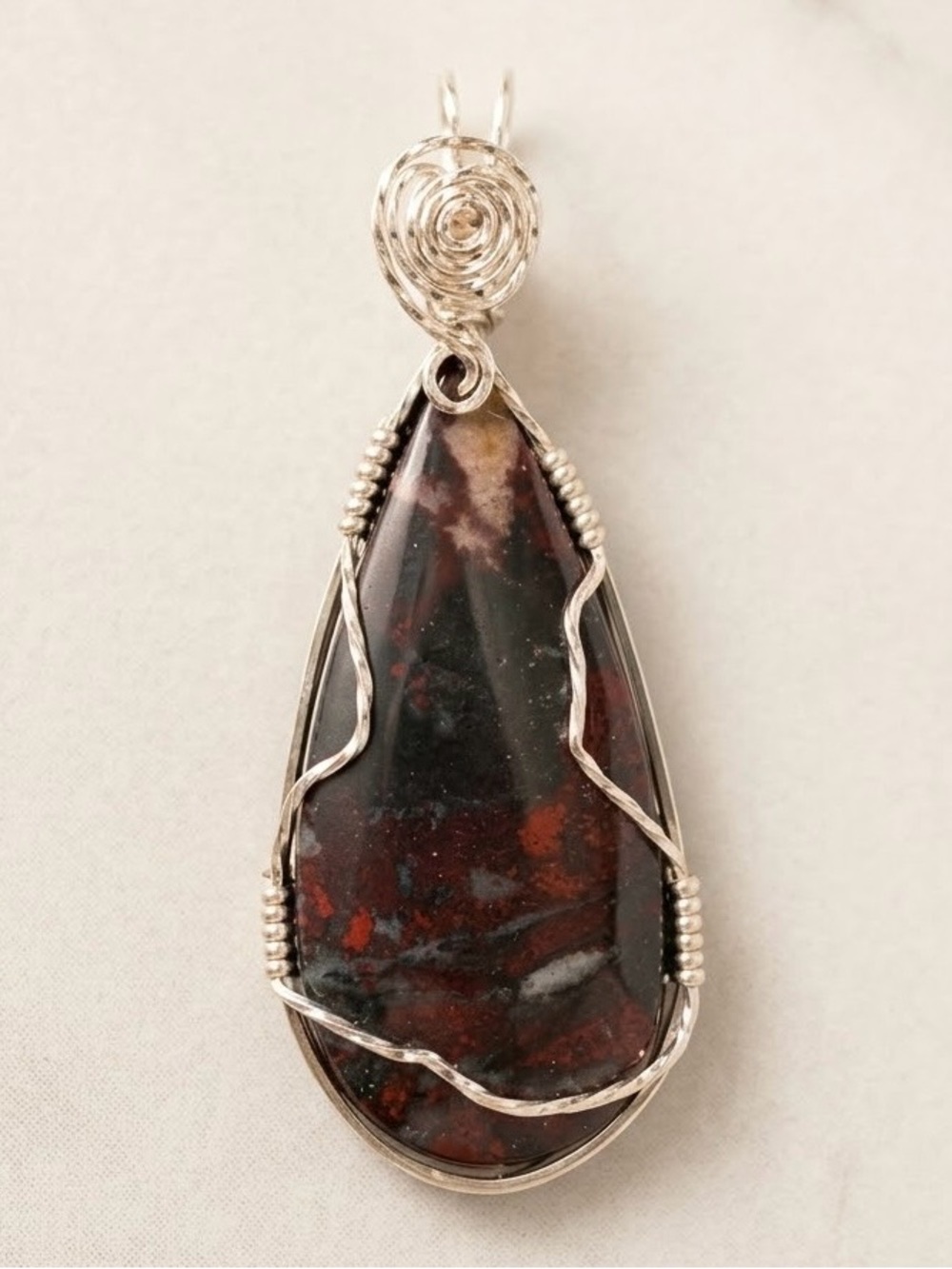 Red Jasper Wire Wrapped Teardrop Pendant OOAK 3” Hand Crafted